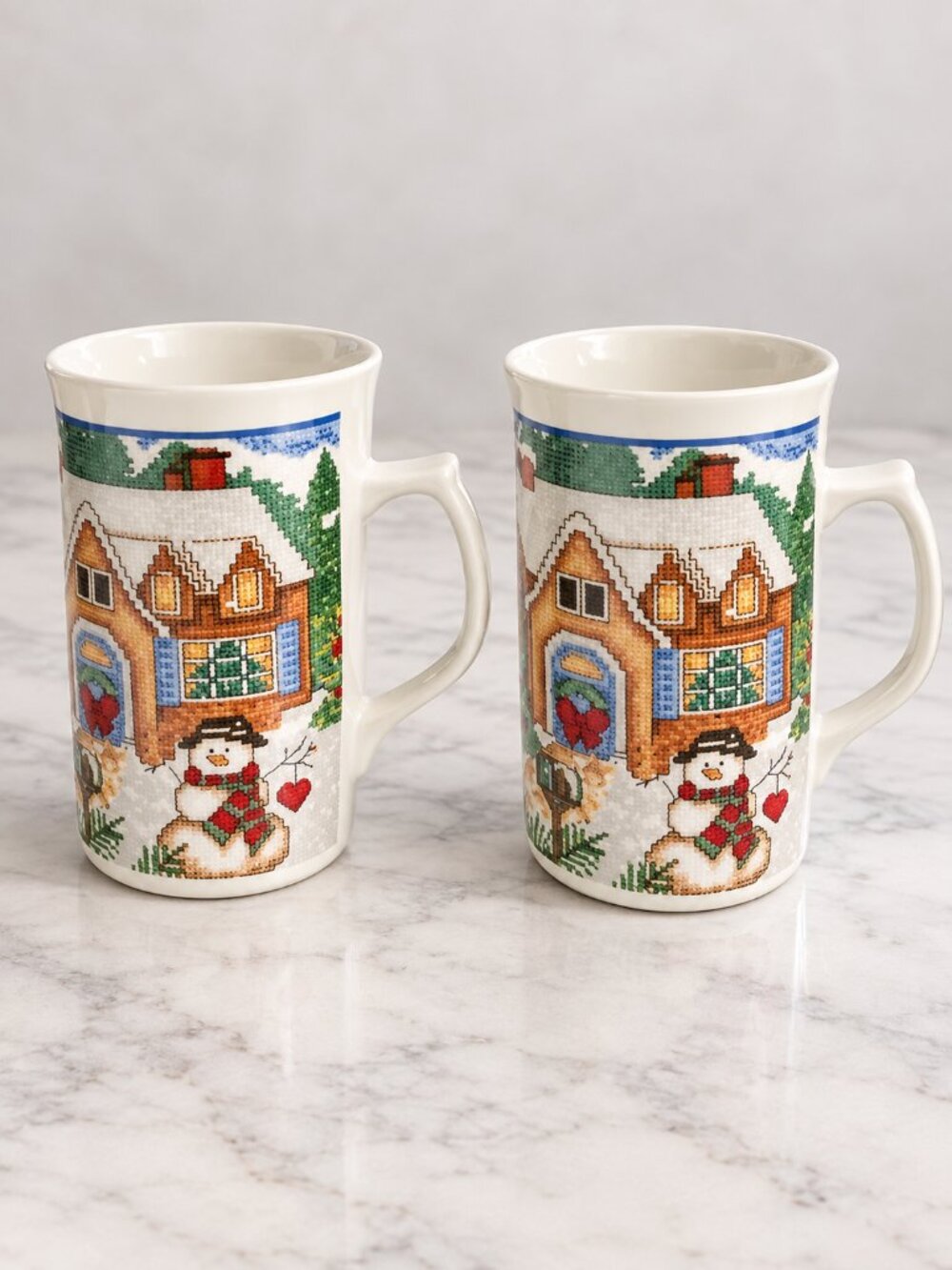 Royal Norfolk Christmas Cross Stitch House Snowman Bunny Mugs Set of 2